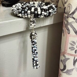 Sassy Jones Black White Gray Beaded Tassel Bracelet